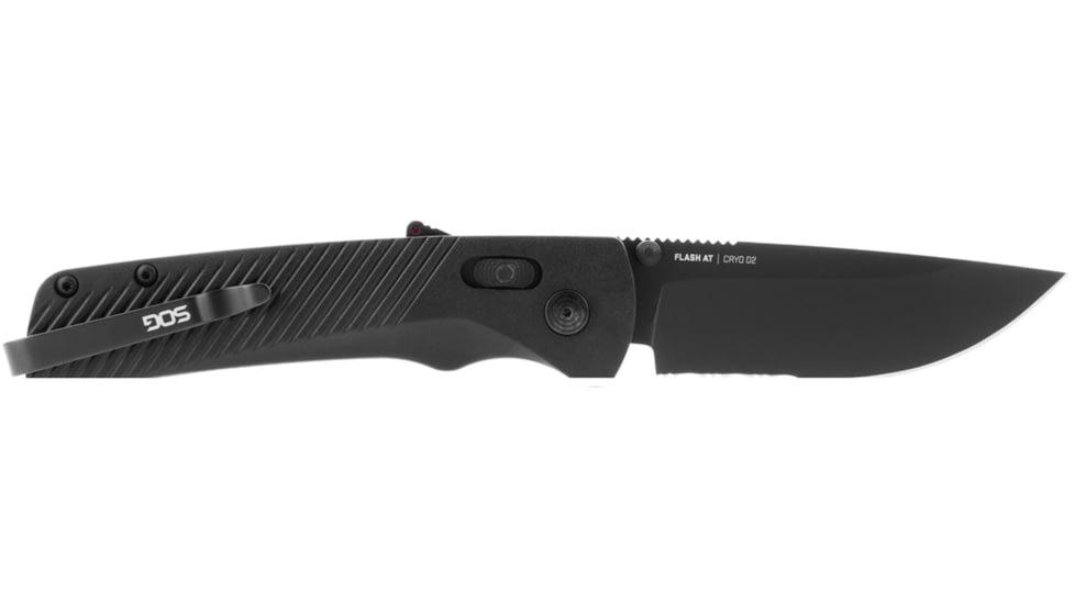 SOG Specialty Knives &amp; Tools Flash At  Blackout Automatic Folding Knife, 3.38in, D2 Tool Steel, Drop Point Blade, Partially Serrated, Black Coated, Black GRN Handle, SOG-11-18-02-57