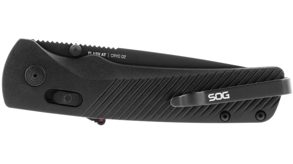 SOG Specialty Knives &amp; Tools Flash At  Blackout Automatic Folding Knife, 3.38in, D2 Tool Steel, Drop Point Blade, Partially Serrated, Black Coated, Black GRN Handle, SOG-11-18-02-57