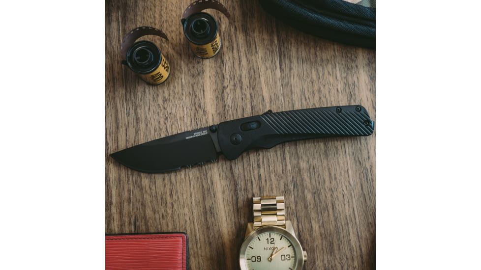 SOG Specialty Knives &amp; Tools Flash At  Blackout Automatic Folding Knife, 3.38in, D2 Tool Steel, Drop Point Blade, Partially Serrated, Black Coated, Black GRN Handle, SOG-11-18-02-57