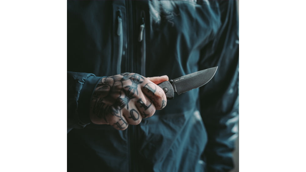 SOG Specialty Knives &amp; Tools Flash At  Blackout Automatic Folding Knife, 3.38in, D2 Tool Steel, Drop Point Blade, Partially Serrated, Black Coated, Black GRN Handle, SOG-11-18-02-57