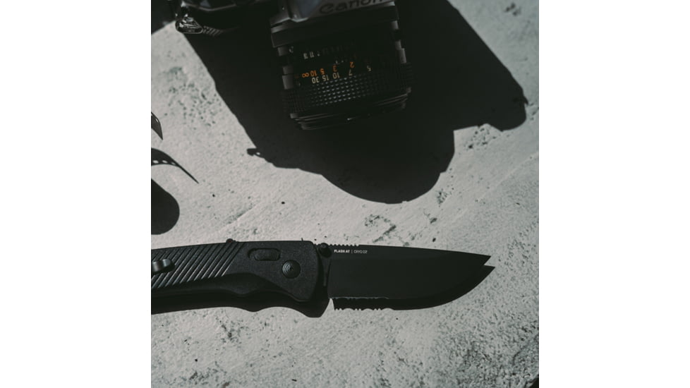 SOG Specialty Knives &amp; Tools Flash At  Blackout Automatic Folding Knife, 3.38in, D2 Tool Steel, Drop Point Blade, Partially Serrated, Black Coated, Black GRN Handle, SOG-11-18-02-57