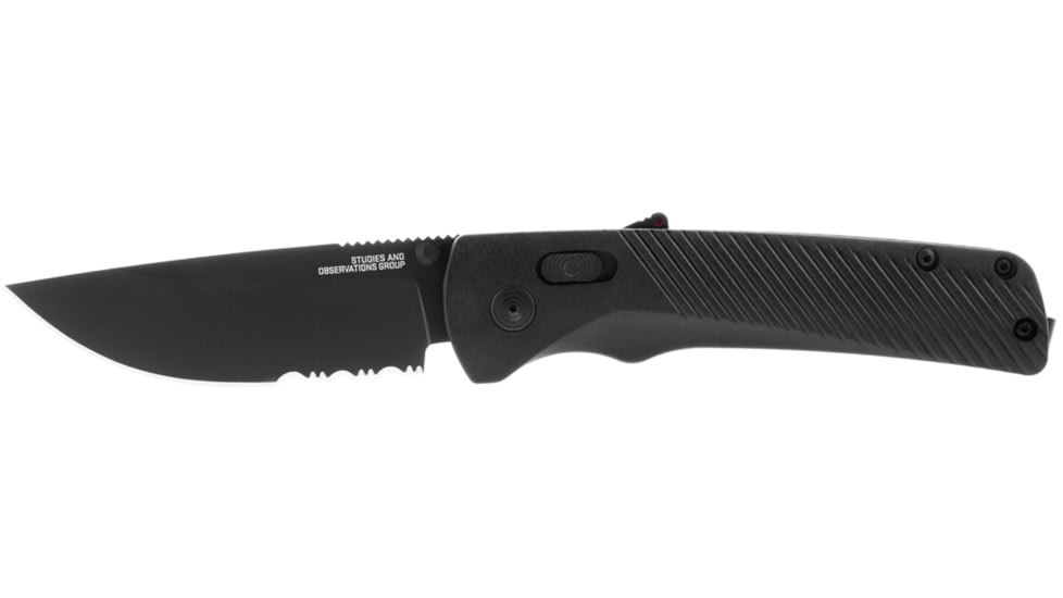 SOG Specialty Knives &amp; Tools Flash At  Blackout Automatic Folding Knife, 3.38in, D2 Tool Steel, Drop Point Blade, Partially Serrated, Black Coated, Black GRN Handle, SOG-11-18-02-57