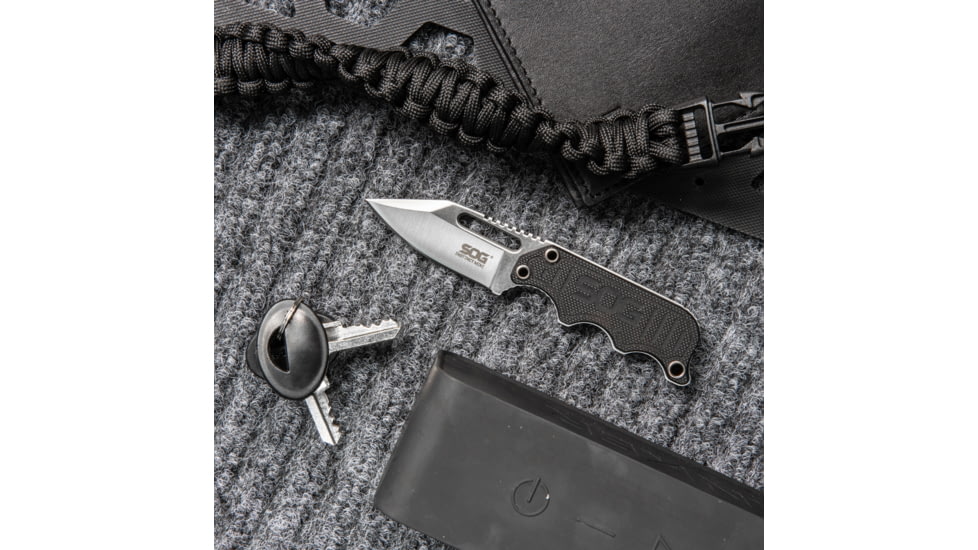 SOG Specialty Knives &amp; Tools Instinct Mini Fixed Blade Knife, 1.9in, 5Cr15MoV Blade, Clip Point, Black, Silver, Stainless Steel and G10 Handle, Silver, SOG-NB1002-CP
