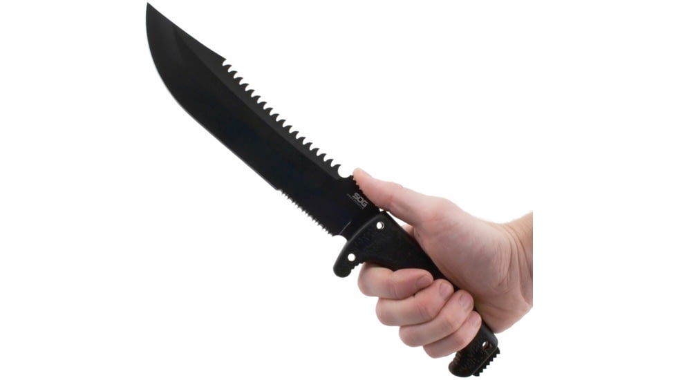 SOG Specialty Knives &amp; Tools Jungle Primitive Folding Knife, 9.5in, 8Cr13MoV Blade, Clip Point, Black, Kraton Handle, Black, SOG-F03TN-CP