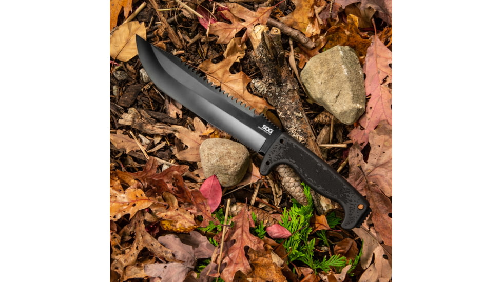 SOG Specialty Knives &amp; Tools Jungle Primitive Folding Knife, 9.5in, 8Cr13MoV Blade, Clip Point, Black, Kraton Handle, Black, SOG-F03TN-CP