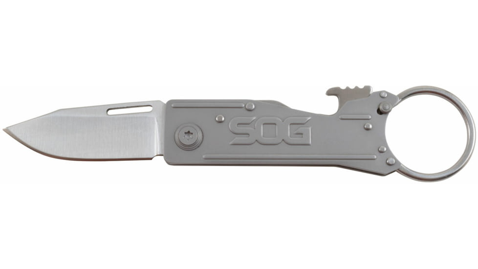 SOG Specialty Knives &amp; Tools KeyTron Folding Knife, 1.8in, 5Cr15MoV Blade, Clip Point, Grey, Stainless Steel Handle, Silver/Grey, SOG-KT1001-CP