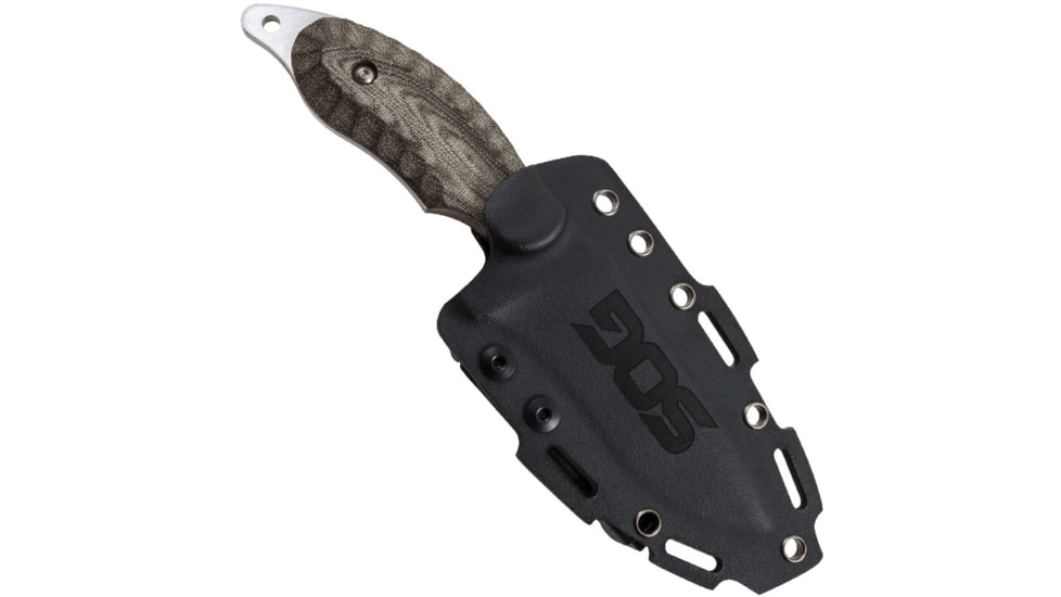 SOG Specialty Knives &amp; Tools Kiku 4 Inch Dual Direction Satin Fixed Blade Knife w/ Micarta Handle and Kydex Sheath, Silver, KU-2022