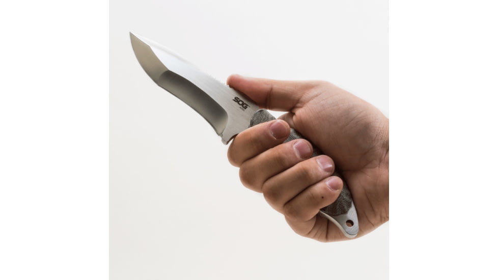 SOG Specialty Knives &amp; Tools Kiku 4 Inch Dual Direction Satin Fixed Blade Knife w/ Micarta Handle and Kydex Sheath, Silver, KU-2022