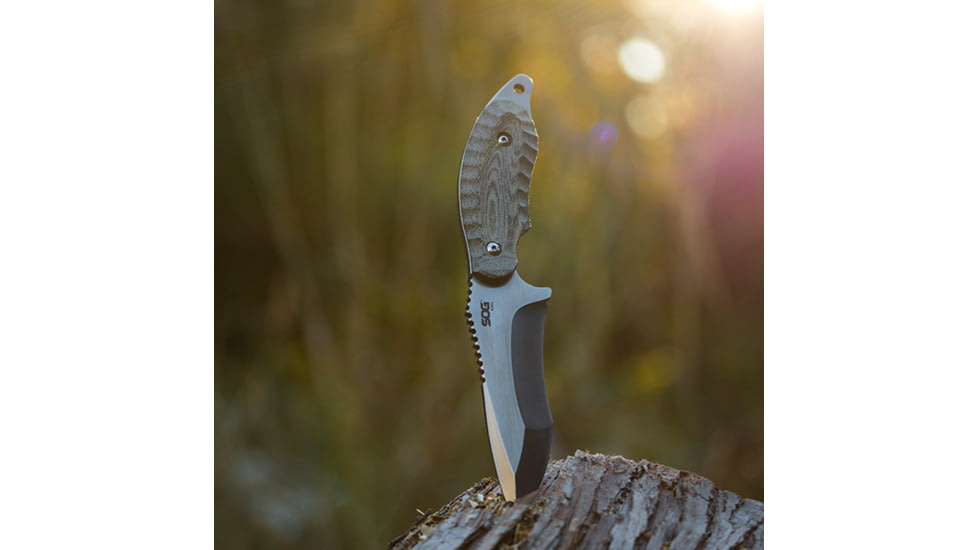 SOG Specialty Knives &amp; Tools Kiku 4 Inch Dual Direction Satin Fixed Blade Knife w/ Micarta Handle and Kydex Sheath, Silver, KU-2022