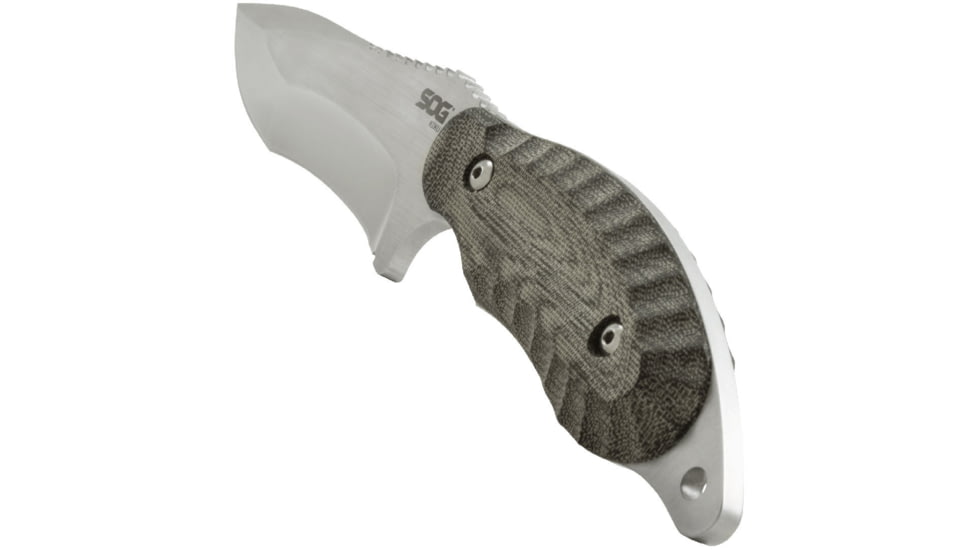 SOG Specialty Knives &amp; Tools Kiku 4 Inch Dual Direction Satin Fixed Blade Knife w/ Micarta Handle and Kydex Sheath, Silver, KU-2022
