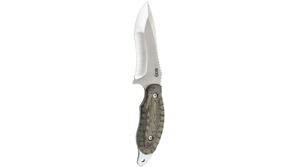 SOG Specialty Knives &amp; Tools Kiku 4 Inch Dual Direction Satin Fixed Blade Knife w/ Micarta Handle and Kydex Sheath, Silver, KU-2022
