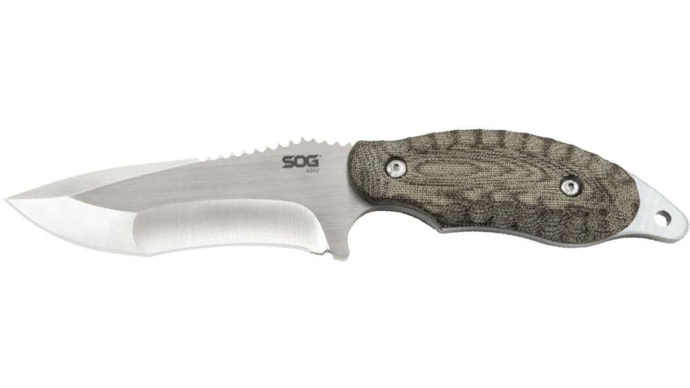 SOG Specialty Knives &amp; Tools Kiku 4 Inch Dual Direction Satin Fixed Blade Knife w/ Micarta Handle and Kydex Sheath, Silver, KU-2022