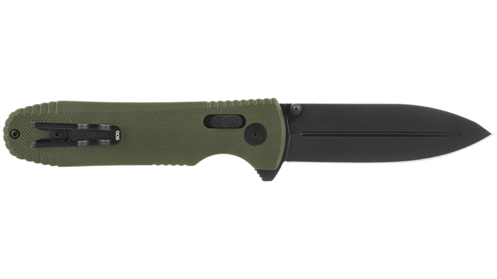 SOG Specialty Knives &amp; Tools Pentagon XR Automatic Folding Knife, 3.63in, CTS-XHP Stainless, Spear Point Blade, Black Oxide, OD Green G10 Handle, 12-61-02-57