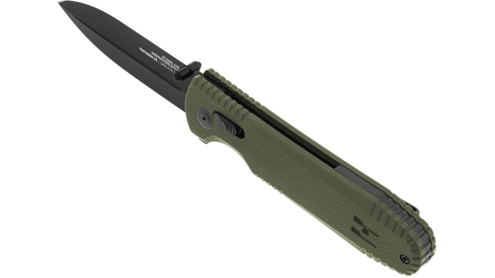 SOG Specialty Knives &amp; Tools Pentagon XR Automatic Folding Knife, 3.63in, CTS-XHP Stainless, Spear Point Blade, Black Oxide, OD Green G10 Handle, 12-61-02-57