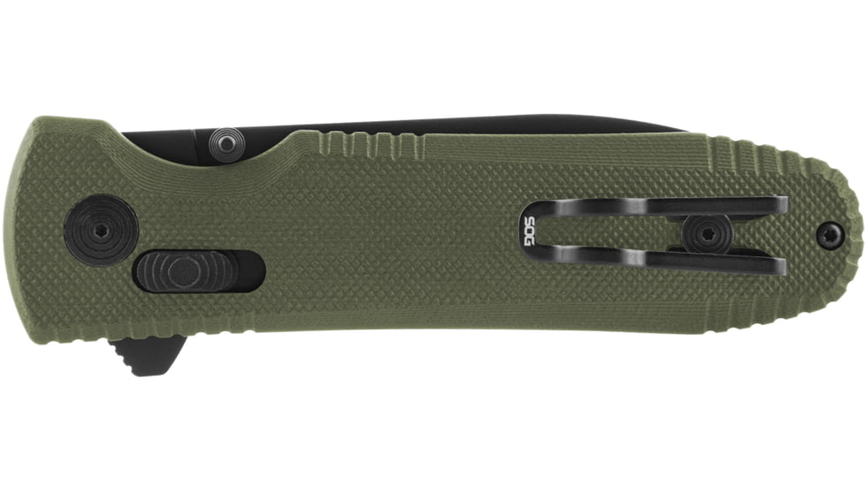 SOG Specialty Knives &amp; Tools Pentagon XR Automatic Folding Knife, 3.63in, CTS-XHP Stainless, Spear Point Blade, Black Oxide, OD Green G10 Handle, 12-61-02-57