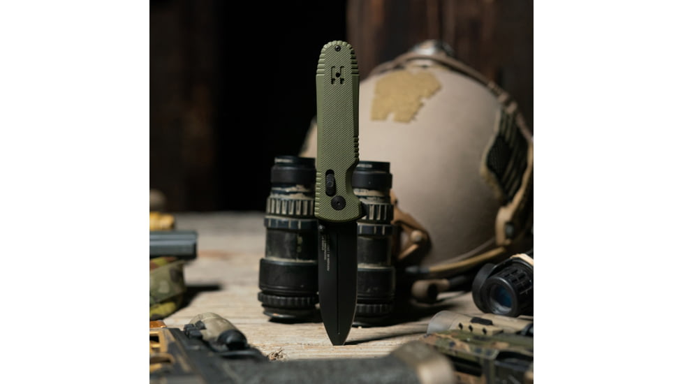 SOG Specialty Knives &amp; Tools Pentagon XR Automatic Folding Knife, 3.63in, CTS-XHP Stainless, Spear Point Blade, Black Oxide, OD Green G10 Handle, 12-61-02-57