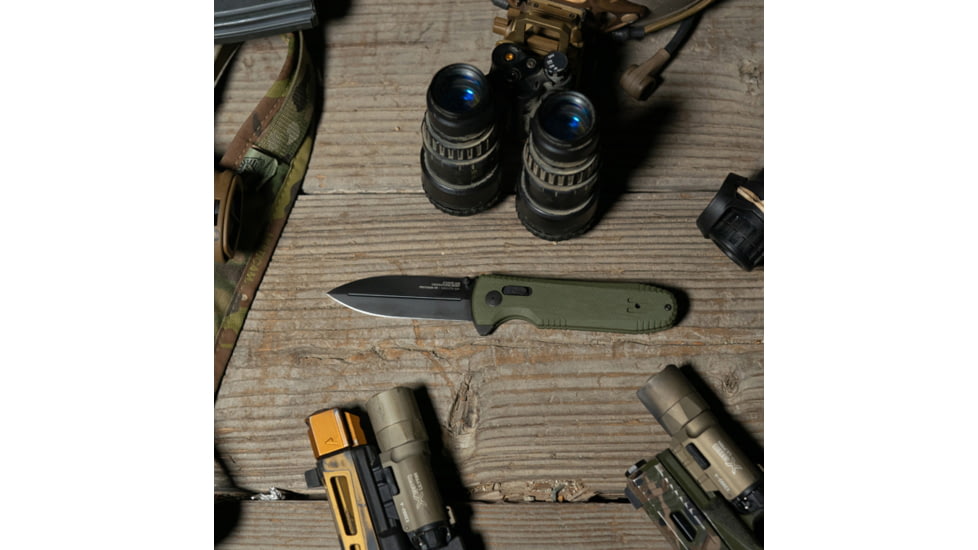 SOG Specialty Knives &amp; Tools Pentagon XR Automatic Folding Knife, 3.63in, CTS-XHP Stainless, Spear Point Blade, Black Oxide, OD Green G10 Handle, 12-61-02-57