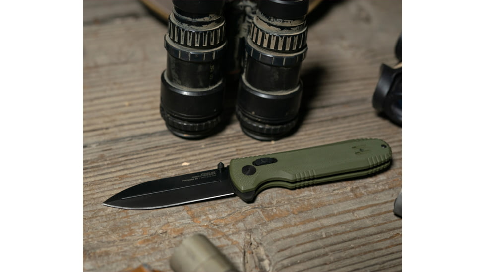 SOG Specialty Knives &amp; Tools Pentagon XR Automatic Folding Knife, 3.63in, CTS-XHP Stainless, Spear Point Blade, Black Oxide, OD Green G10 Handle, 12-61-02-57