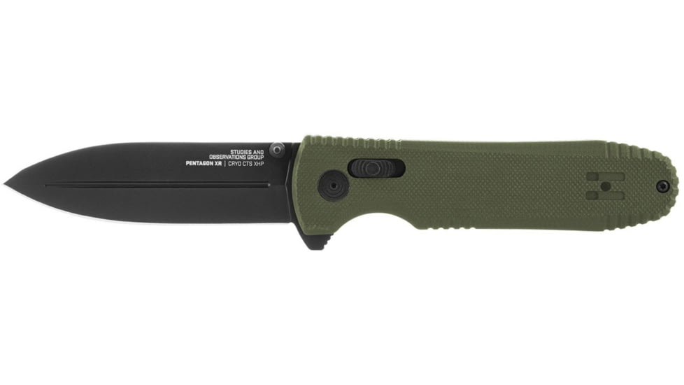 SOG Specialty Knives &amp; Tools Pentagon XR Automatic Folding Knife, 3.63in, CTS-XHP Stainless, Spear Point Blade, Black Oxide, OD Green G10 Handle, 12-61-02-57