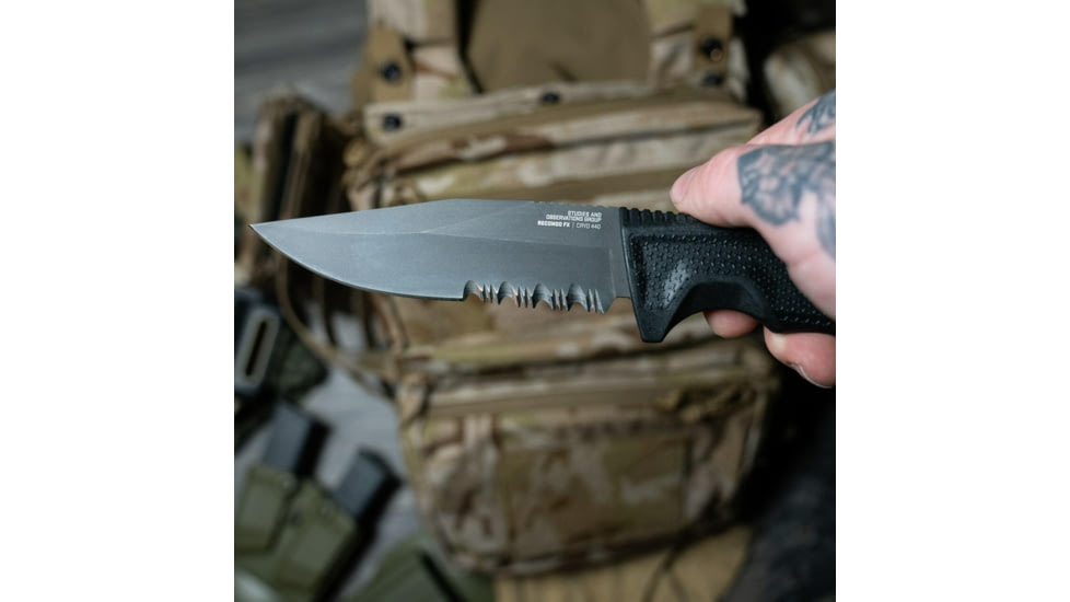SOG Specialty Knives &amp; Tools Recondo FX Fixed Blade Knives, 4.6in, Partially Serrated Edge, CRYO 440C Steel, Spear Point, Black, GRN / TPU Handle, Black, SOG-17-22-02-57