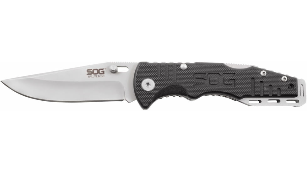 SOG Specialty Knives &amp; Tools Salute Mini Folding Knife, 3.1in, 8Cr13MoV Blade, Clip Point, Black, G10 Handle, Bead Blasted Finish, Silver/Silver &amp; Black, SOG-FF1001-CP