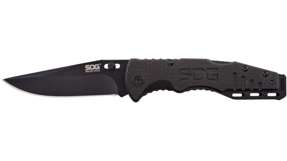 SOG Specialty Knives &amp; Tools Salute Mini Folding Knife, 3.1in, 8Cr13MoV Blade, Clip Point, Black, G10 Handle, Black Oxide Finish, Black/Black, SOG-FF1101-CP