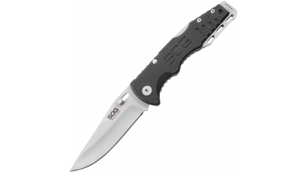 SOG Specialty Knives &amp; Tools Salute Mini Folding Knife, 3.1in, 8Cr13MoV Blade, Clip Point, Black, G10 Handle, Bead Blasted Finish, Silver/Silver &amp; Black, SOG-FF1001-CP