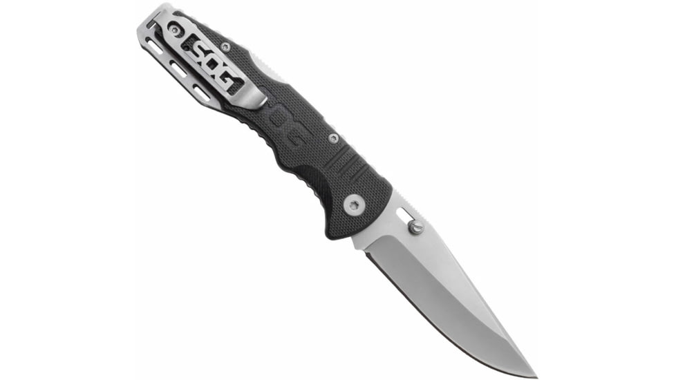 SOG Specialty Knives &amp; Tools Salute Mini Folding Knife, 3.1in, 8Cr13MoV Blade, Clip Point, Black, G10 Handle, Bead Blasted Finish, Silver/Silver &amp; Black, SOG-FF1001-CP