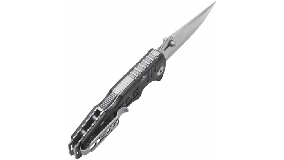 SOG Specialty Knives &amp; Tools Salute Mini Folding Knife, 3.1in, 8Cr13MoV Blade, Clip Point, Black, G10 Handle, Bead Blasted Finish, Silver/Silver &amp; Black, SOG-FF1001-CP