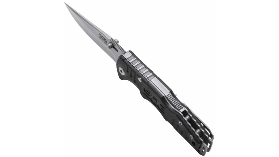 SOG Specialty Knives &amp; Tools Salute Mini Folding Knife, 3.1in, 8Cr13MoV Blade, Clip Point, Black, G10 Handle, Bead Blasted Finish, Silver/Silver &amp; Black, SOG-FF1001-CP