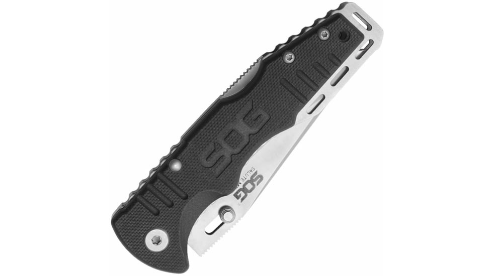 SOG Specialty Knives &amp; Tools Salute Mini Folding Knife, 3.1in, 8Cr13MoV Blade, Clip Point, Black, G10 Handle, Bead Blasted Finish, Silver/Silver &amp; Black, SOG-FF1001-CP