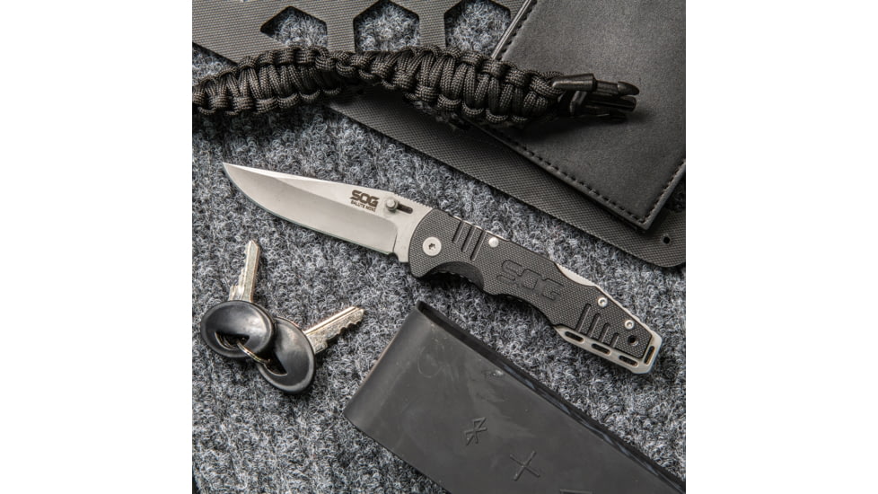 SOG Specialty Knives &amp; Tools Salute Mini Folding Knife, 3.1in, 8Cr13MoV Blade, Clip Point, Black, G10 Handle, Bead Blasted Finish, Silver/Silver &amp; Black, SOG-FF1001-CP