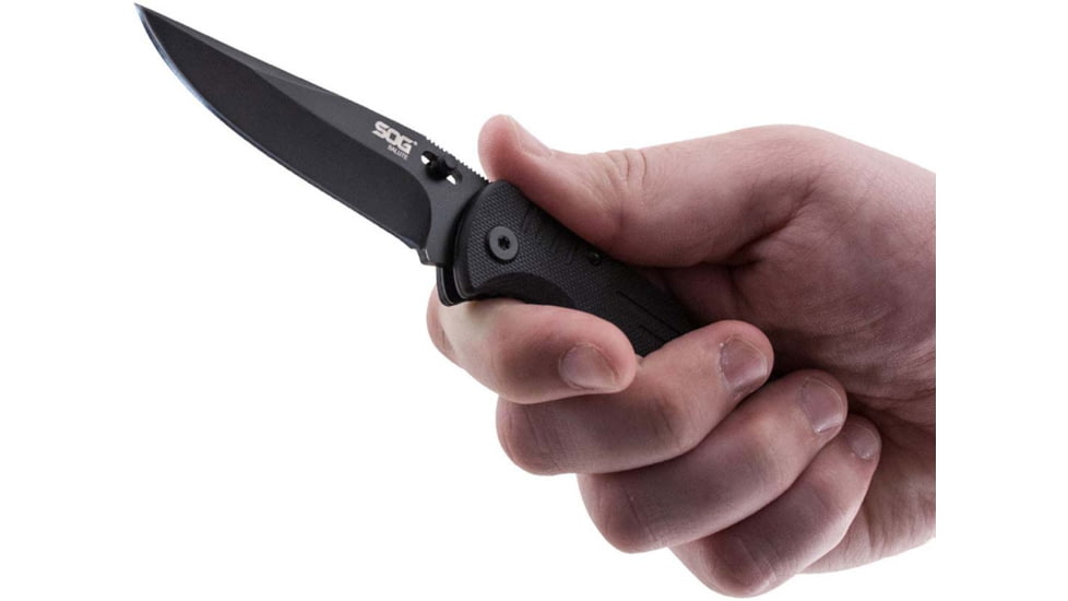 SOG Specialty Knives &amp; Tools Salute Mini Folding Knife, 3.1in, 8Cr13MoV Blade, Clip Point, Black, G10 Handle, Black Oxide Finish, Black/Black, SOG-FF1101-CP