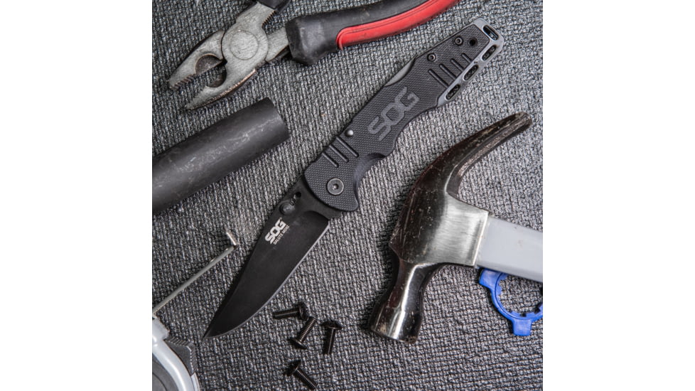 SOG Specialty Knives &amp; Tools Salute Mini Folding Knife, 3.1in, 8Cr13MoV Blade, Clip Point, Black, G10 Handle, Black Oxide Finish, Black/Black, SOG-FF1101-CP