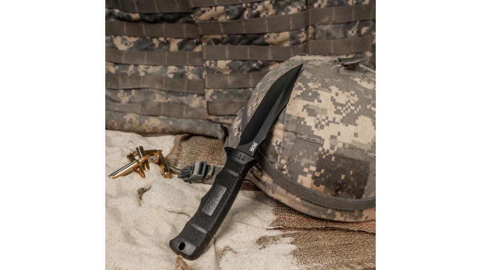 SOG Specialty Knives &amp; Tools SEAL Pup Elite Nylon Sheath Fixed Blade Knife, 9.5in, AUS-8 Blade, Clip Point, Black, Glass-Reinforced Nylon Handle, Black/Black, SOG-E37SN-CP