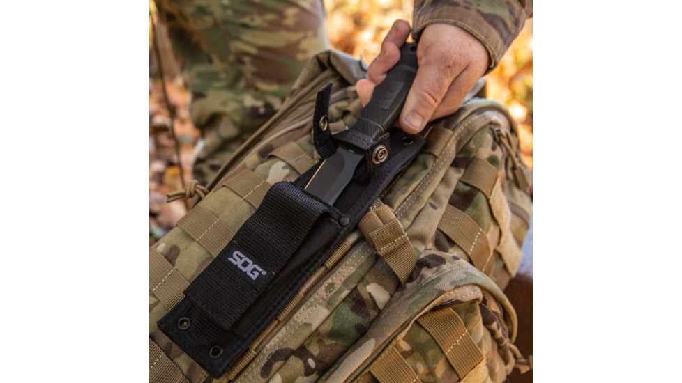 SOG Specialty Knives &amp; Tools SEAL Pup Elite Nylon Sheath Fixed Blade Knife, 9.5in, AUS-8 Blade, Clip Point, Black, Glass-Reinforced Nylon Handle, Black/Black, SOG-E37SN-CP