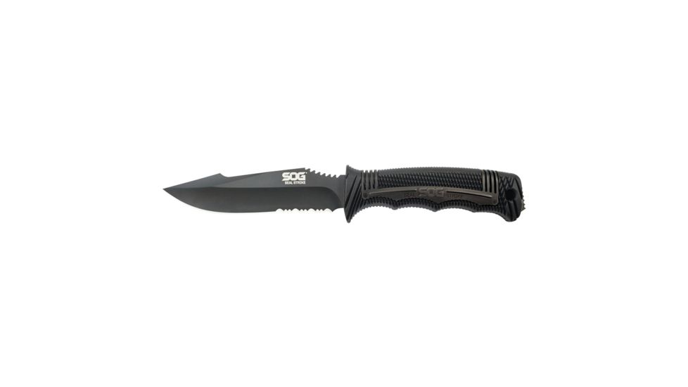 SOG Specialty Knives &amp; Tools Seal Strike Knive, 4.9in AUS-8 Steel Partially Serrated Blade, Glass Reinforced Nylon And Stainless Steel Handle, Black Tini, SS1003