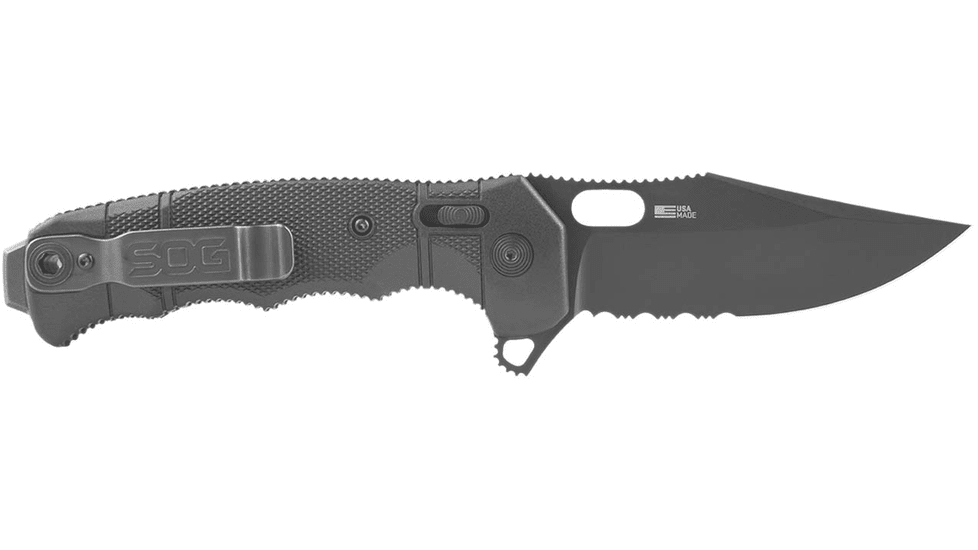 SOG Specialty Knives &amp; Tools Seal XR Folding Knife, 3.9in, Partially Serrated Edge, S35VN Steel, Clip Point, Black, GRN Handle, SOG-12-21-05-57