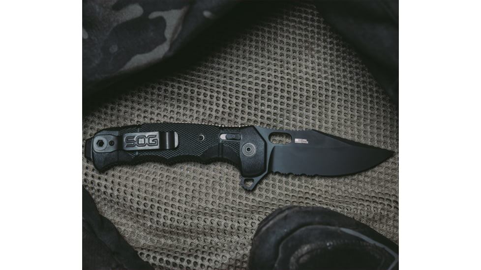 SOG Specialty Knives &amp; Tools Seal XR Folding Knife, 3.9in, Partially Serrated Edge, S35VN Steel, Clip Point, Black, GRN Handle, SOG-12-21-05-57