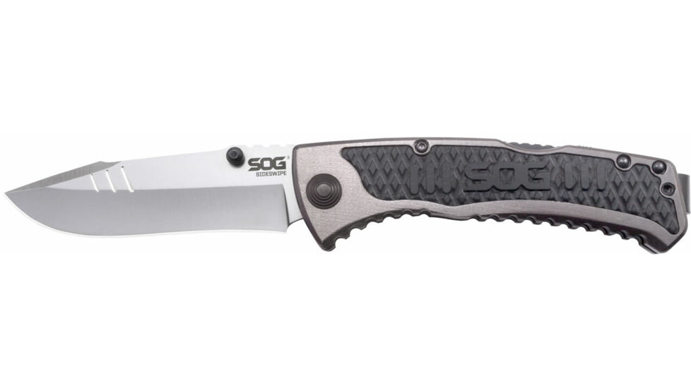 SOG Specialty Knives &amp; Tools Sideswipe Folding Knife, 7Cr15 Blade, Clip Point, Grey Anodized, Aluminum Handle, Silver, SOG-SW1011-CP