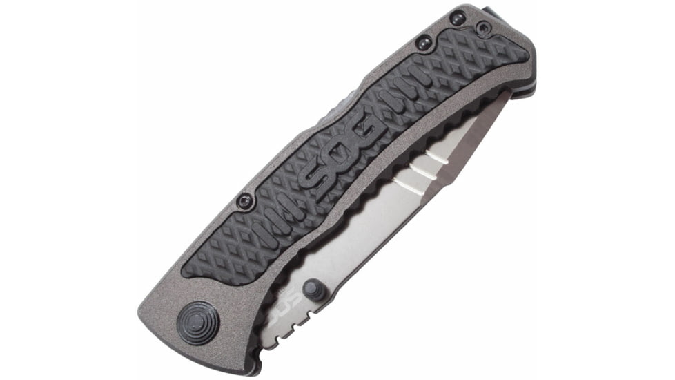 SOG Specialty Knives &amp; Tools Sideswipe Folding Knife, 7Cr15 Blade, Clip Point, Grey Anodized, Aluminum Handle, Silver, SOG-SW1011-CP