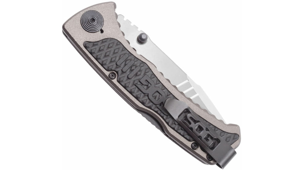 SOG Specialty Knives &amp; Tools Sideswipe Folding Knife, 7Cr15 Blade, Clip Point, Grey Anodized, Aluminum Handle, Silver, SOG-SW1011-CP