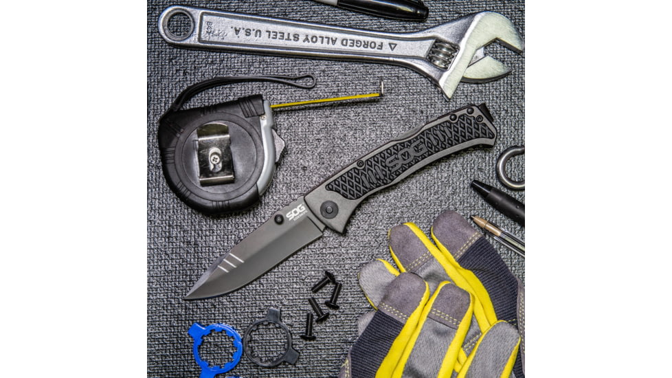 SOG Specialty Knives &amp; Tools Sideswipe Folding Knife, 7Cr15 Blade, Clip Point, Grey Anodized, Aluminum Handle, Silver, SOG-SW1011-CP