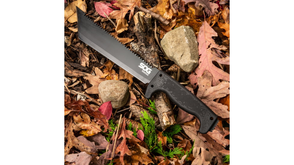 SOG Specialty Knives &amp; Tools SOGFari Machete Fixed Blade Knife, 10in, 3Cr13 Blade, Tanto, Black, Kraton Handle, Black, SOG-MC04-N