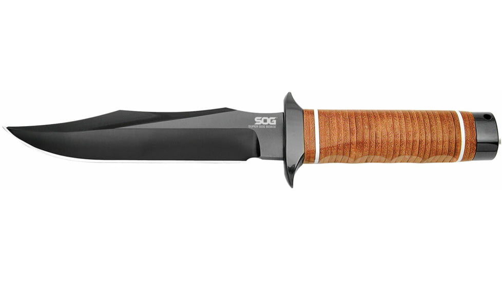 SOG Specialty Knives &amp; Tools Super SOG Bowie Fixed Blade Knife, 7.5in, AUS-8 Blade, Clip Point, Brown, Leather Washers Handle, Black, SOG-SB1T-L
