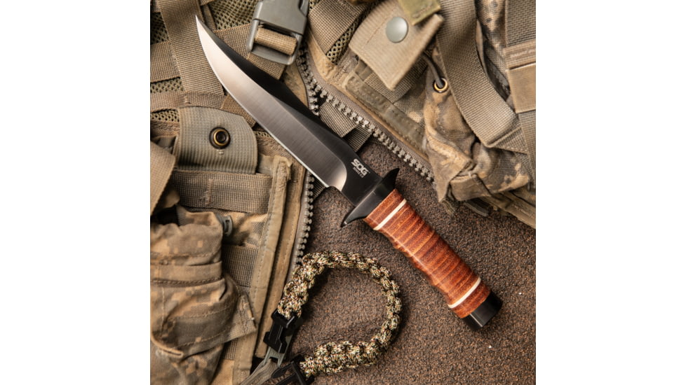 SOG Specialty Knives &amp; Tools Super SOG Bowie Fixed Blade Knife, 7.5in, AUS-8 Blade, Clip Point, Brown, Leather Washers Handle, Black, SOG-SB1T-L