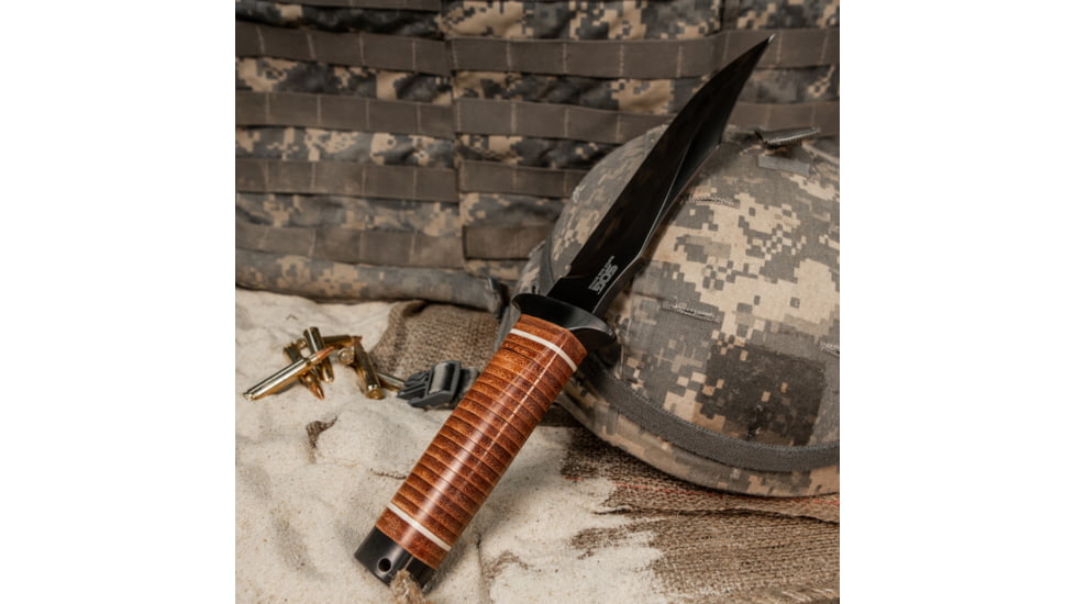 SOG Specialty Knives &amp; Tools Super SOG Bowie Fixed Blade Knife, 7.5in, AUS-8 Blade, Clip Point, Brown, Leather Washers Handle, Black, SOG-SB1T-L