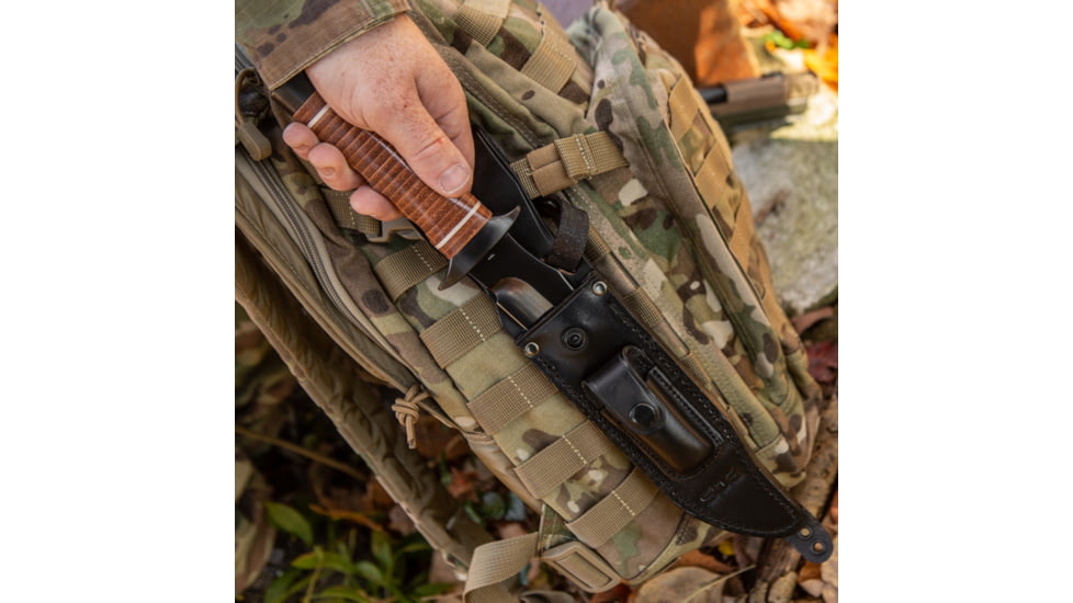 SOG Specialty Knives &amp; Tools Super SOG Bowie Fixed Blade Knife, 7.5in, AUS-8 Blade, Clip Point, Brown, Leather Washers Handle, Black, SOG-SB1T-L