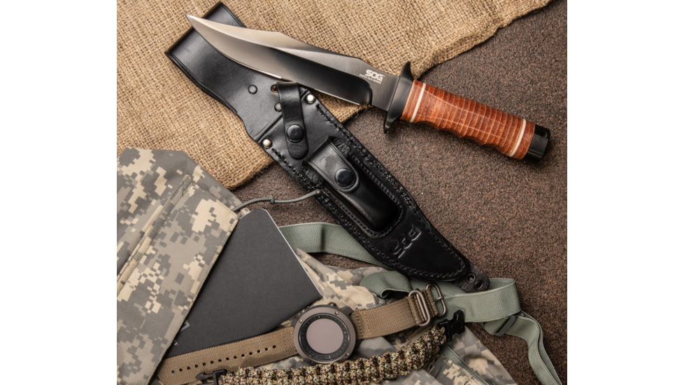 SOG Specialty Knives &amp; Tools Super SOG Bowie Fixed Blade Knife, 7.5in, AUS-8 Blade, Clip Point, Brown, Leather Washers Handle, Black, SOG-SB1T-L