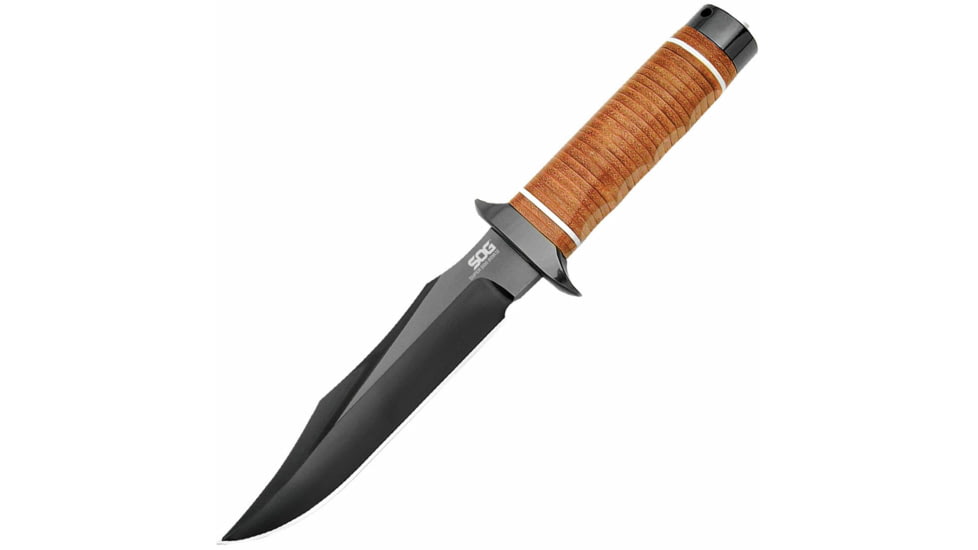 SOG Specialty Knives &amp; Tools Super SOG Bowie Fixed Blade Knife, 7.5in, AUS-8 Blade, Clip Point, Brown, Leather Washers Handle, Black, SOG-SB1T-L